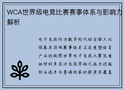 WCA世界级电竞比赛赛事体系与影响力解析
